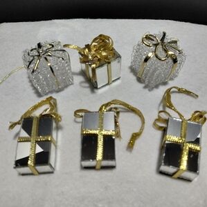 6 Elegant Mirrored & Spun Glass Gold Trim Gift Box Tree Ornaments